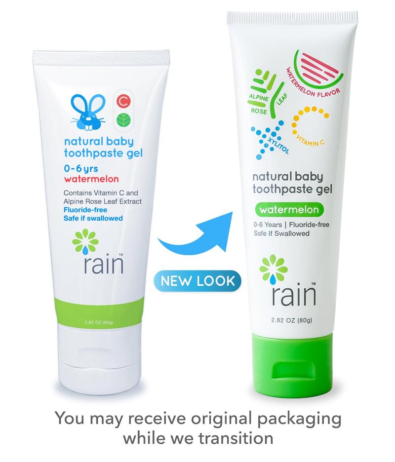 RAIN Baby Toothpaste 6 to 12 Months - Rain Fluoride Free Tooth Paste Gel for Infant Toddler Kids 0-6 Years and Up, Safe to Swallow, 2.8 Oz, Babies Training, Xylitol, Vitamin C, Vegan, SLS Free, Gluten Free - Image 2